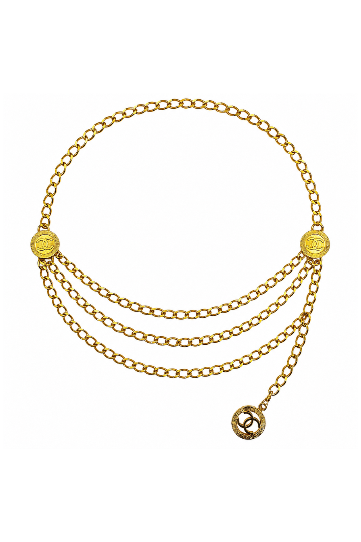 Vintage gold-tone Chanel CC Logo Coin Medallion Charm Chain Belt.
