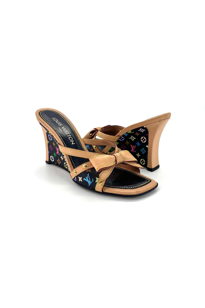 Monogram Multicolor Canvas And Leather Bow Wedge Sandals