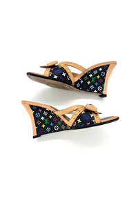 Monogram Multicolor Canvas And Leather Bow Wedge Sandals