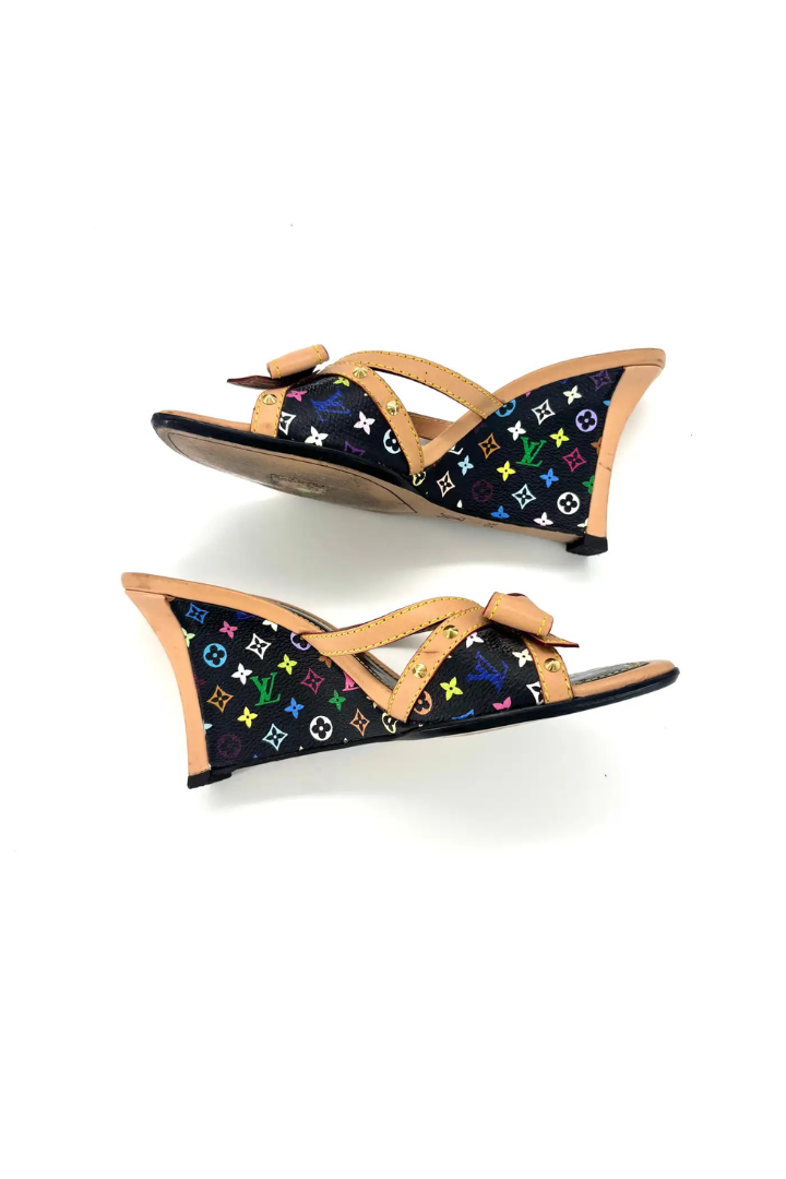 Monogram Multicolor Canvas And Leather Bow Wedge Sandals