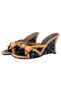 Monogram Multicolor Canvas And Leather Bow Wedge Sandals