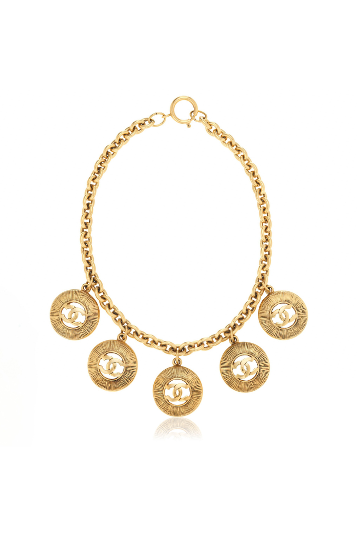 Vintage Chanel Statement Sunburst Logo Charm Necklace by Karl Lagerfeld 1980