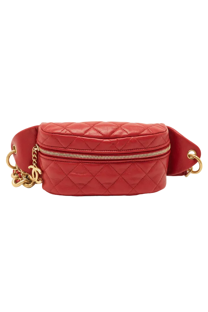 Vintage Chanel Red Quilted Lambskin Leather Belt Bag