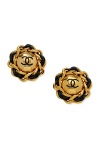 Black Leather and Gold Metal CC Earrings