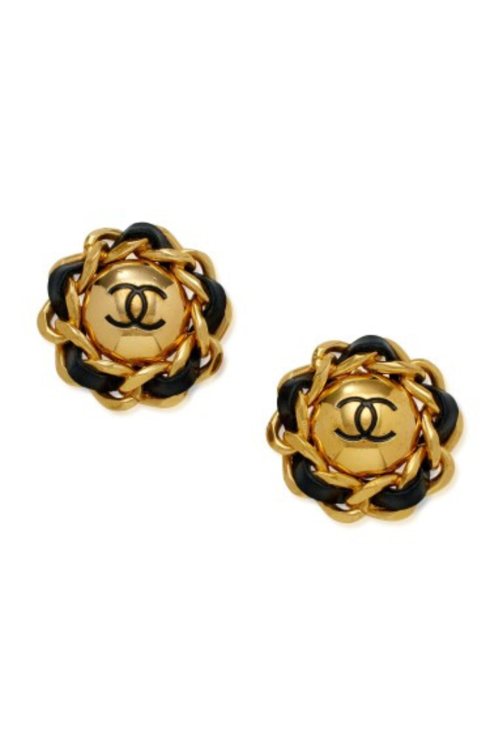 Black Leather and Gold Metal CC Earrings