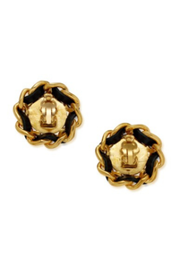 Black Leather and Gold Metal CC Earrings