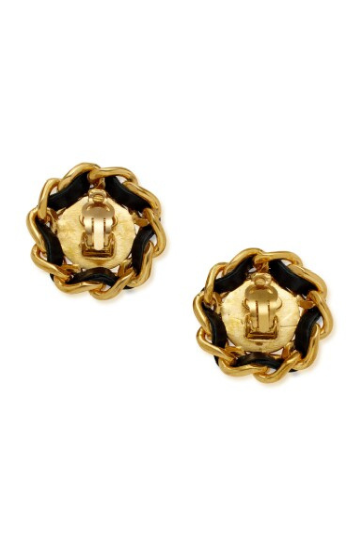 Black Leather and Gold Metal CC Earrings
