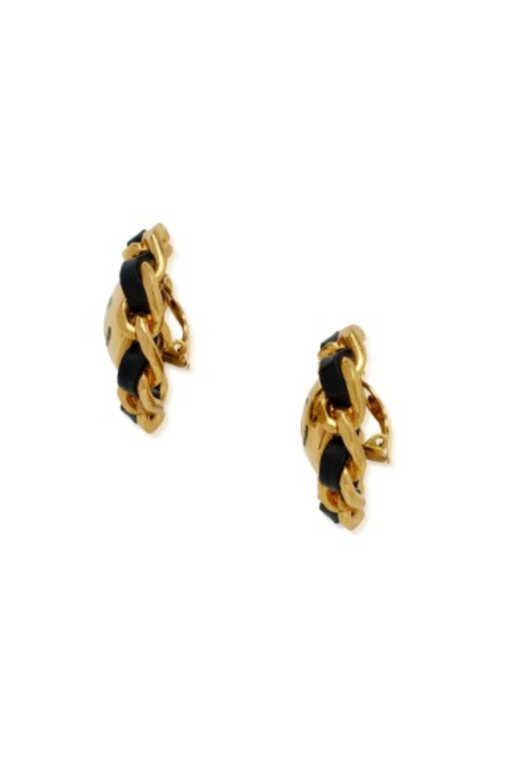 Black Leather and Gold Metal CC Earrings