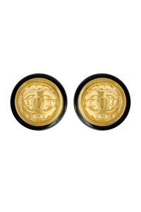 Vintage Chanel Gold Logo Black Button Earrings