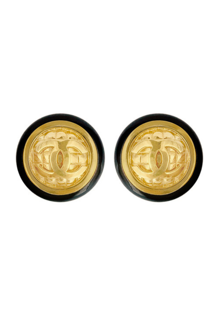 Vintage Chanel Gold Logo Black Button Earrings