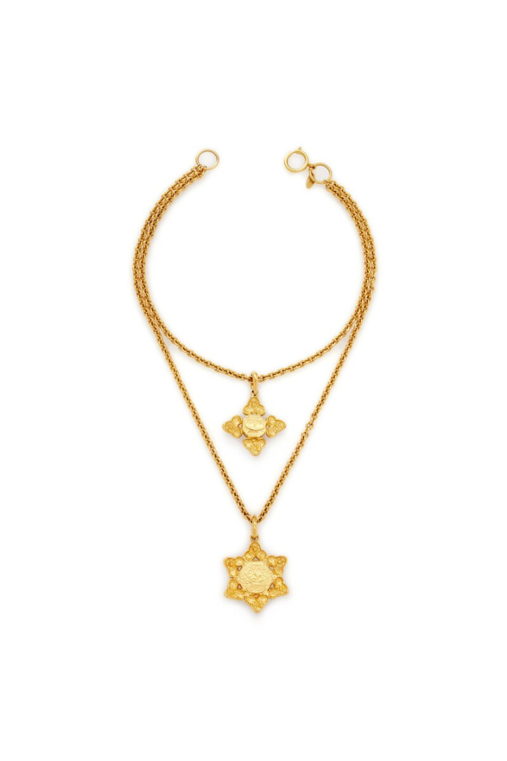 Gold Metal and Black Gripoix Double Strand Star Pendant Necklace