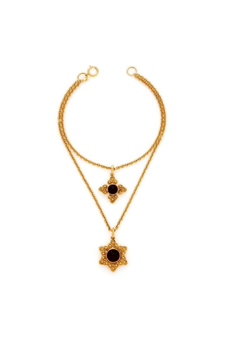 Gold Metal and Black Gripoix Double Strand Star Pendant Necklace