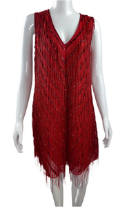 Red Sleeveless V-neck Dress With Pearls And Sequins