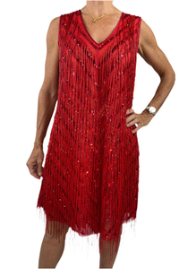 Red Sleeveless V-neck Dress With Pearls And Sequins