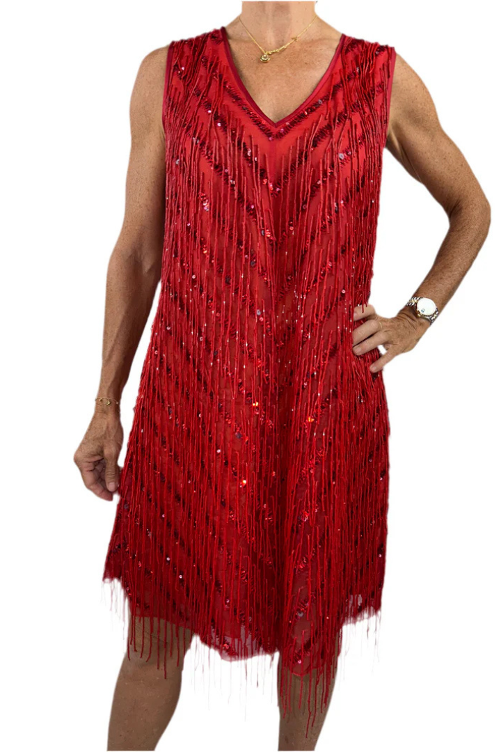 Red Sleeveless V-neck Dress With Pearls And Sequins