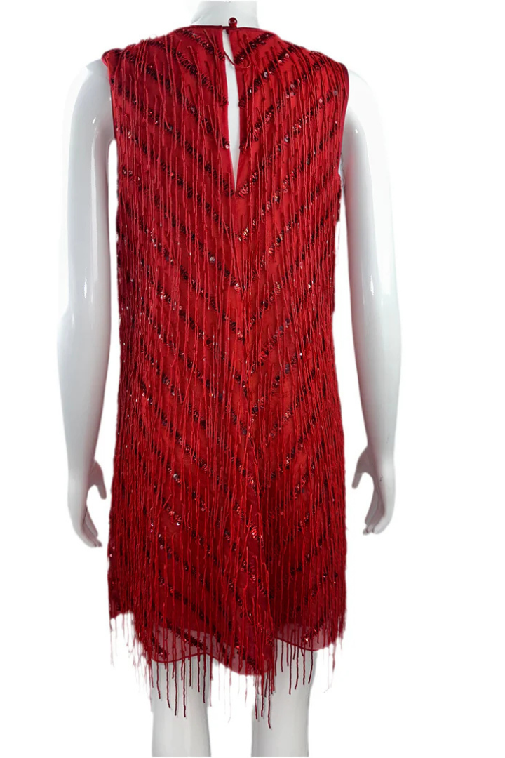 Red Sleeveless V-neck Dress With Pearls And Sequins