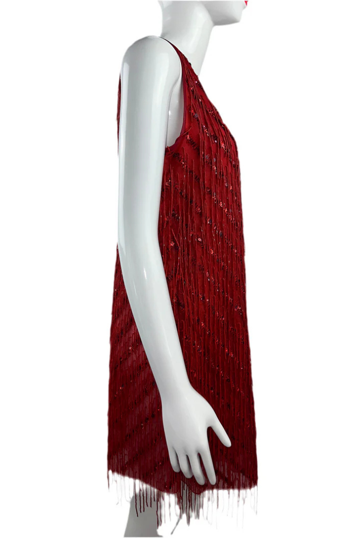 Red Sleeveless V-neck Dress With Pearls And Sequins