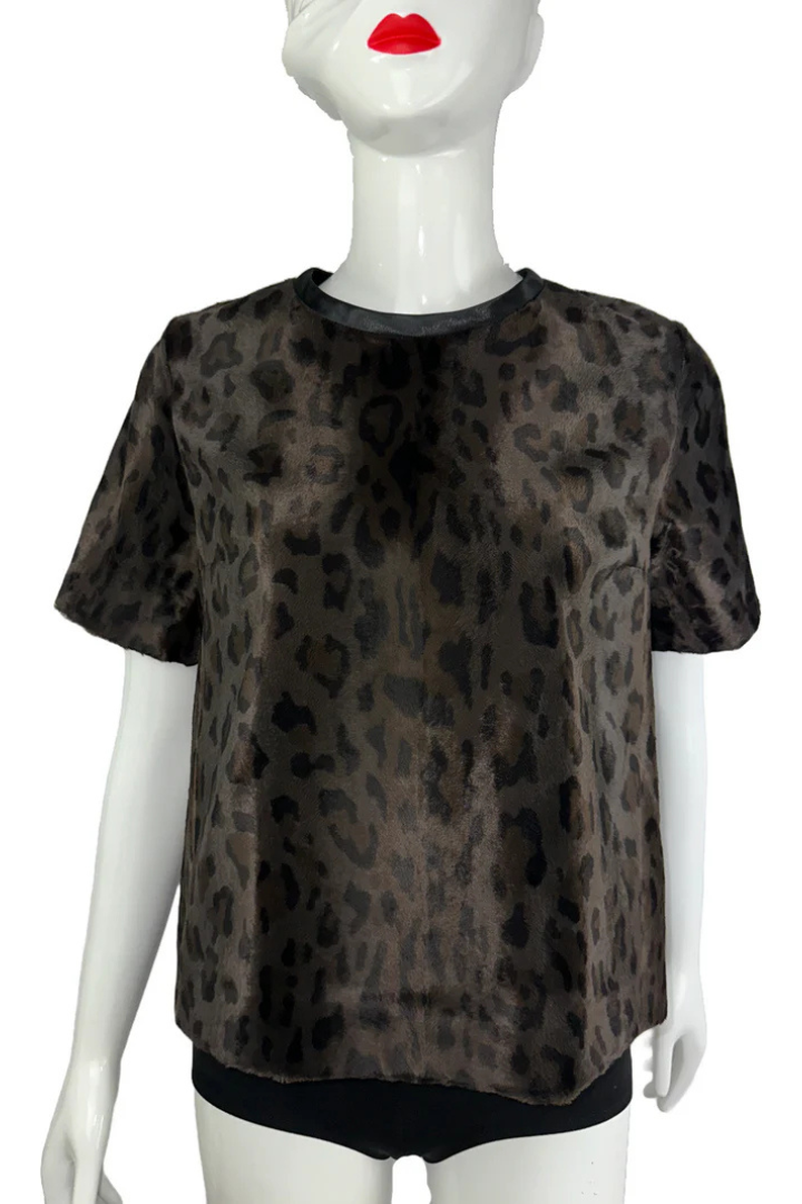 Leopard Print Tee Shirt With Leather Collar