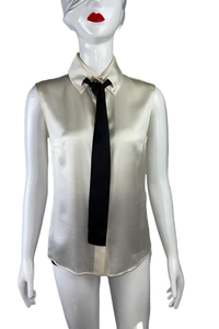 Sleeveless Silk Blouse White With Black Tie