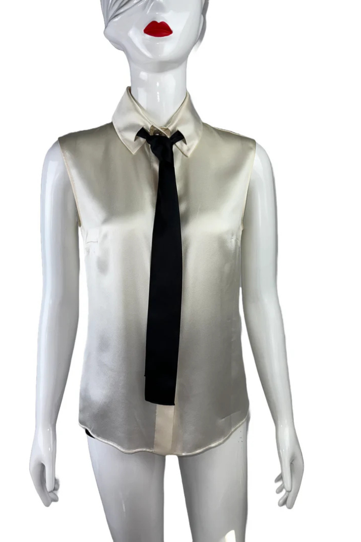 Sleeveless Silk Blouse White With Black Tie