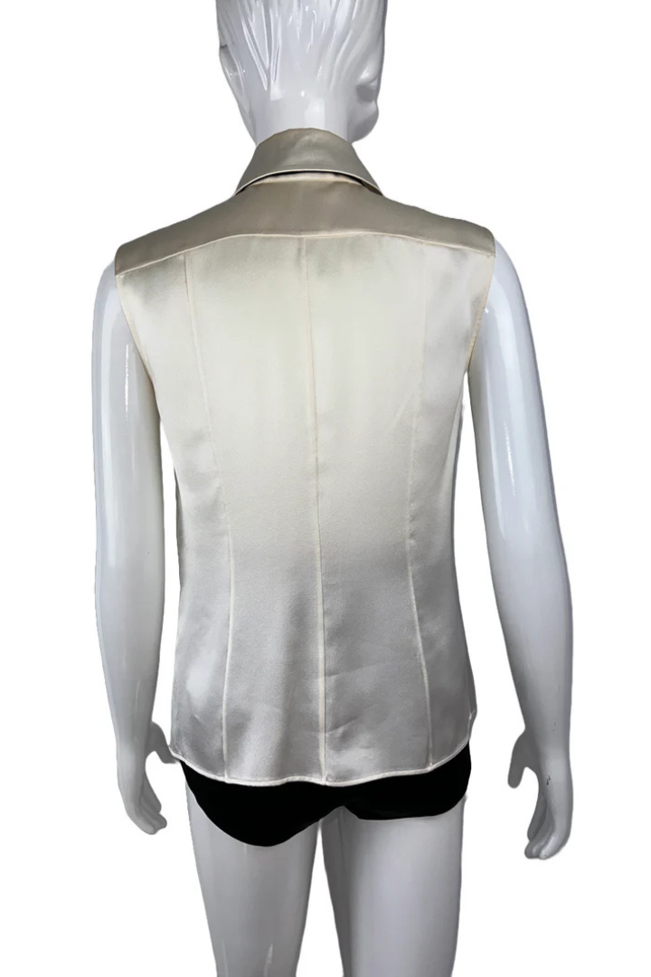 Sleeveless Silk Blouse White With Black Tie
