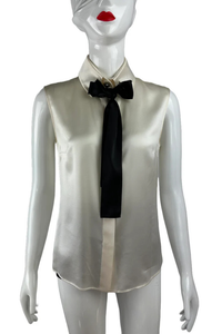 Sleeveless Silk Blouse White With Black Tie