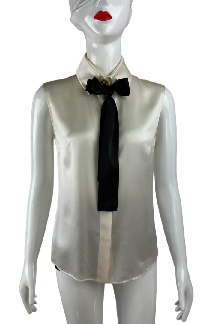 Sleeveless Silk Blouse White With Black Tie