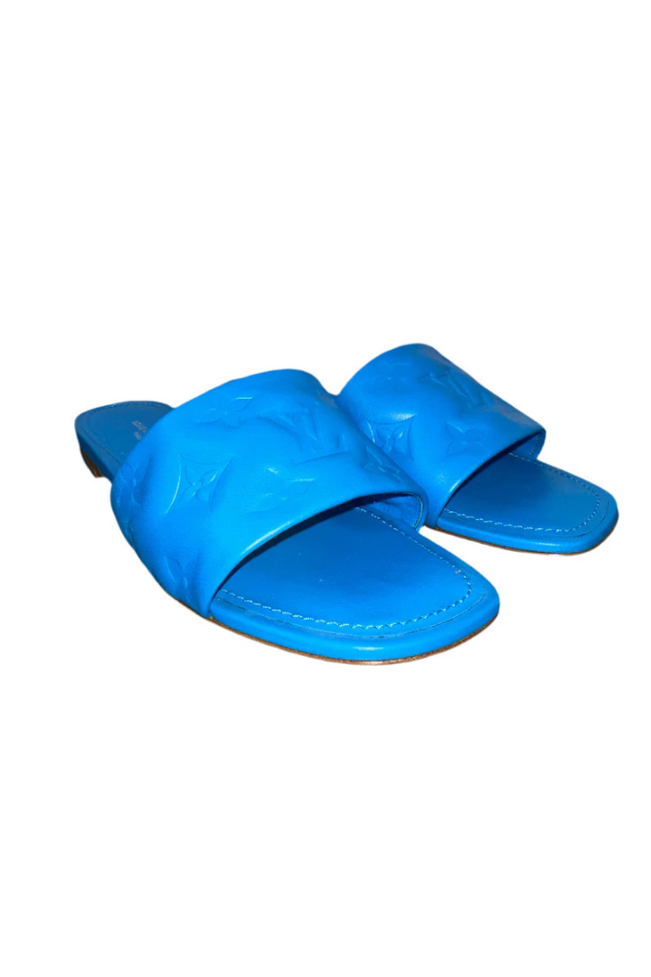 Revival Flat Mule Blue Monogram Pattern