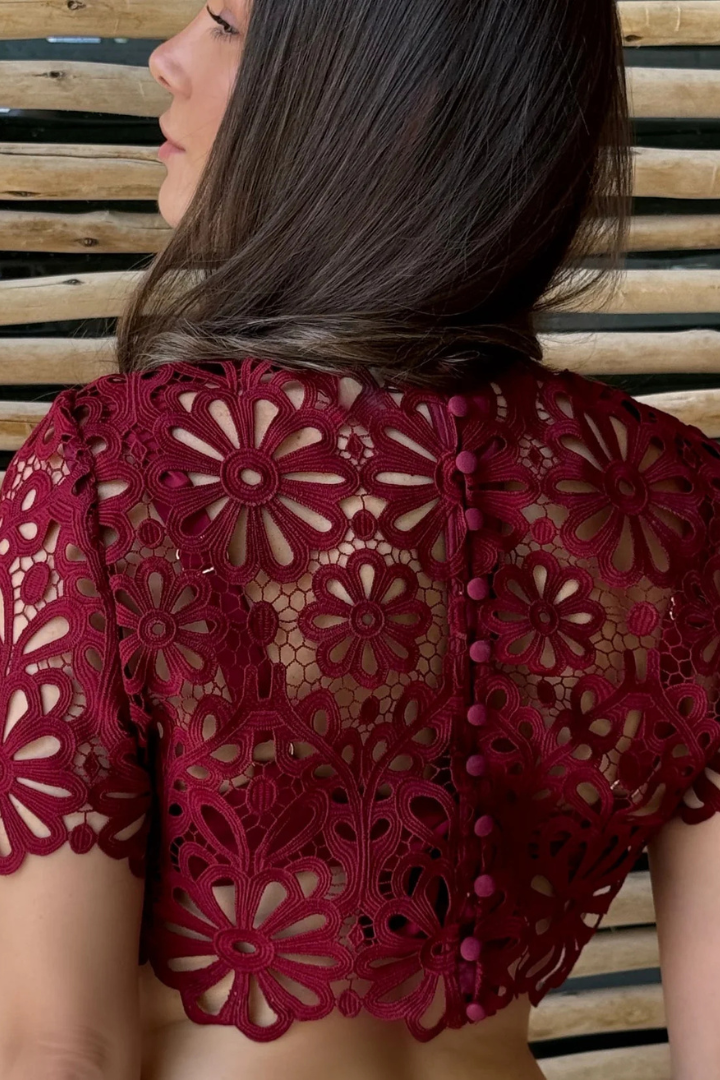 Short Sleeve Floral Crop Top In Cherry Red