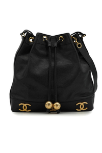 Vintage Chanel Triple Coco Drawstring Chain Shoulder Bag Black Caviar Skin Gold Hardware