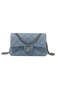 Blue Quilted Denim Small Timeless Classic Double Flap Bag Gold Hardware