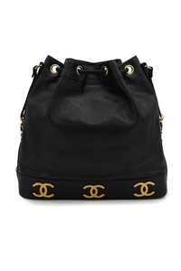 Vintage Chanel Triple Coco Drawstring Chain Shoulder Bag Black Caviar Skin Gold Hardware