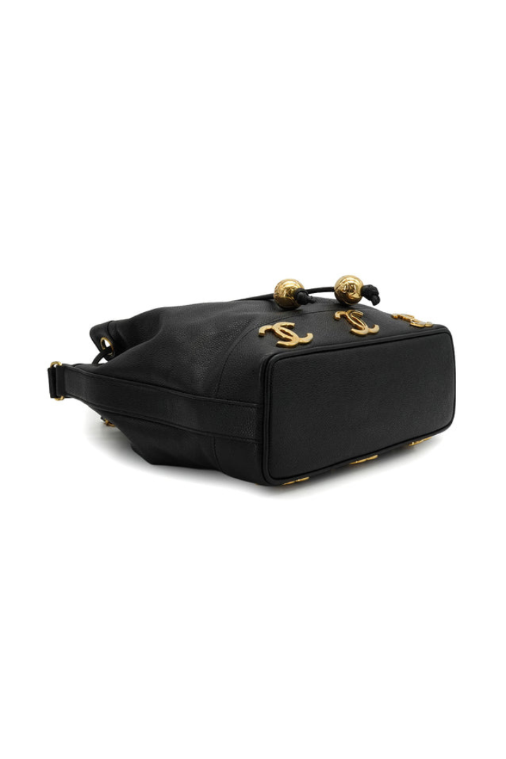 Vintage Chanel Triple Coco Drawstring Chain Shoulder Bag Black Caviar Skin Gold Hardware