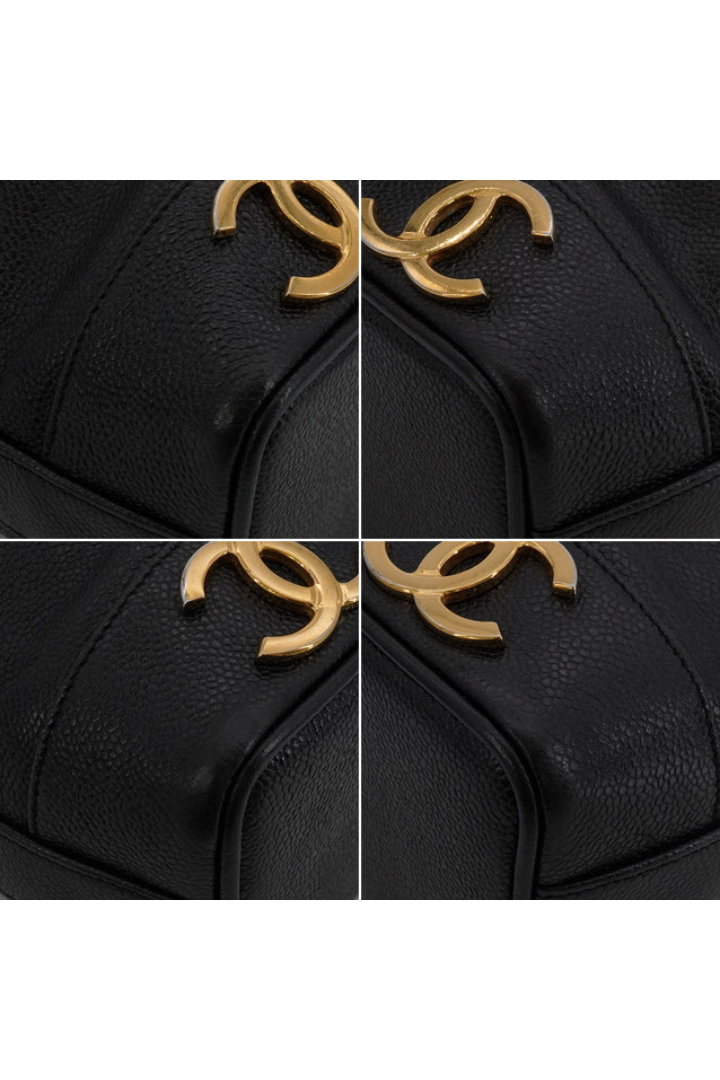 Vintage Chanel Triple Coco Drawstring Chain Shoulder Bag Black Caviar Skin Gold Hardware