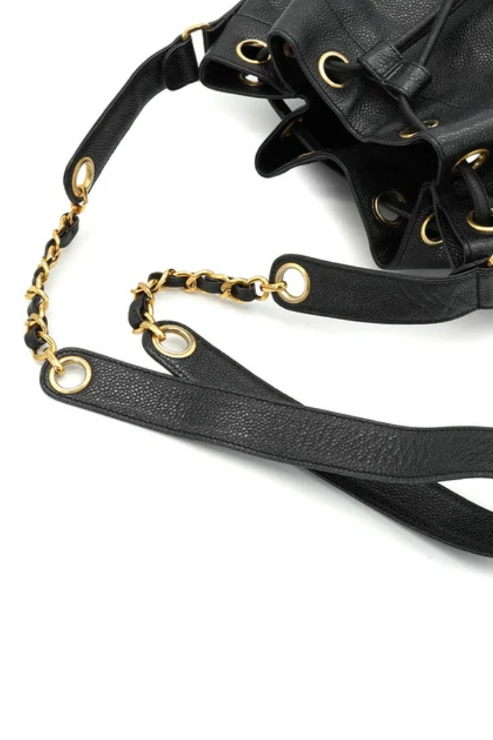 Vintage Chanel Triple Coco Drawstring Chain Shoulder Bag Black Caviar Skin Gold Hardware
