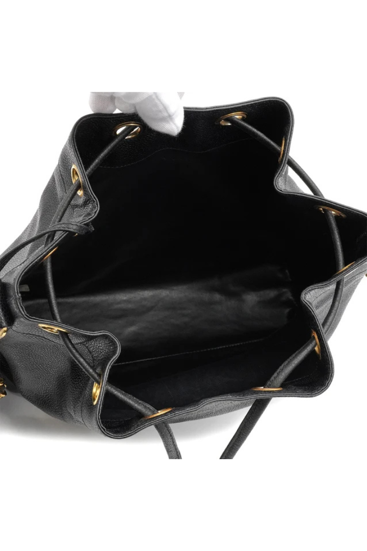 Vintage Chanel Triple Coco Drawstring Chain Shoulder Bag Black Caviar Skin Gold Hardware