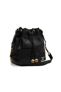 Vintage Chanel Triple Coco Drawstring Chain Shoulder Bag Black Caviar Skin Gold Hardware