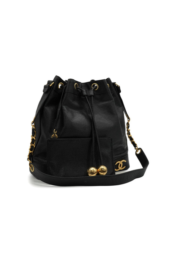 Vintage Chanel Triple Coco Drawstring Chain Shoulder Bag Black Caviar Skin Gold Hardware