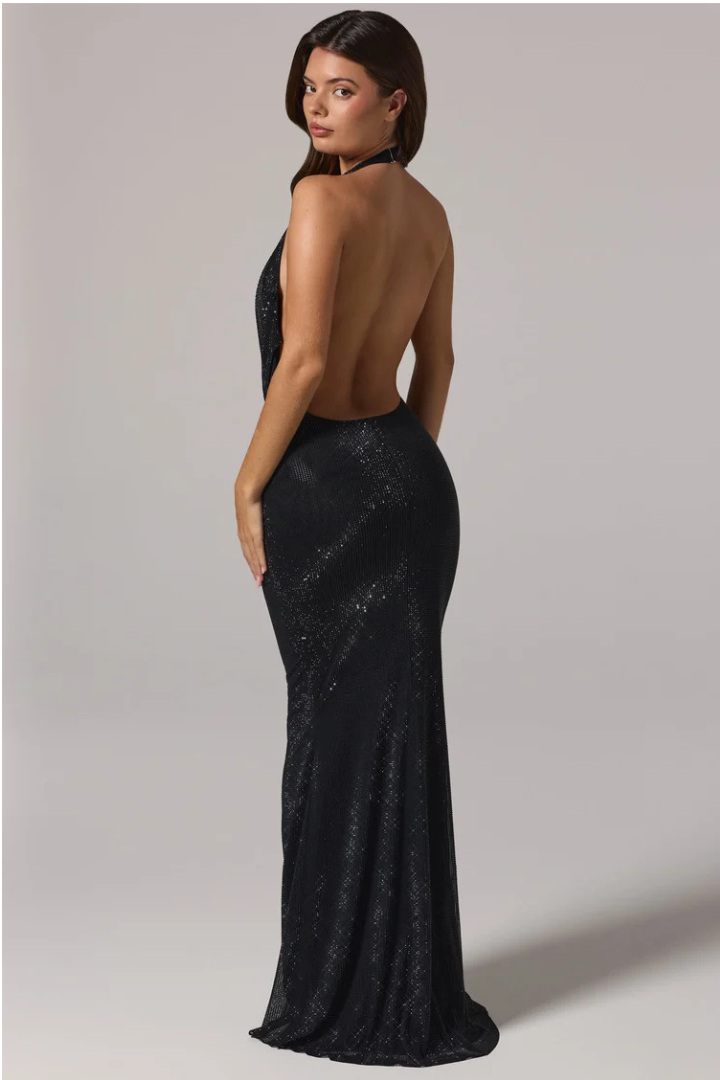 Feyre Embellished Cowl-Neck Backless Gown in Black