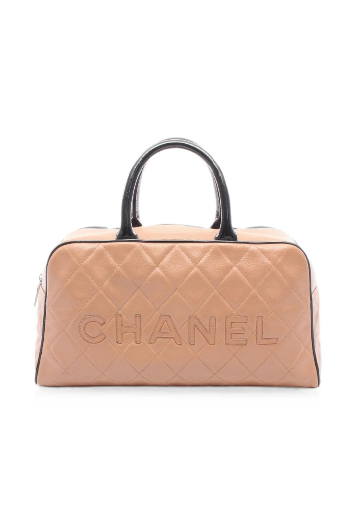 Quilted Grained Calfskin Bowler Large Brown Leather Top Handle Bag