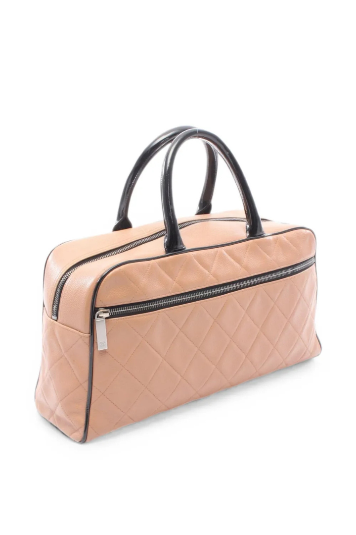 Quilted Grained Calfskin Bowler Large Brown Leather Top Handle Bag