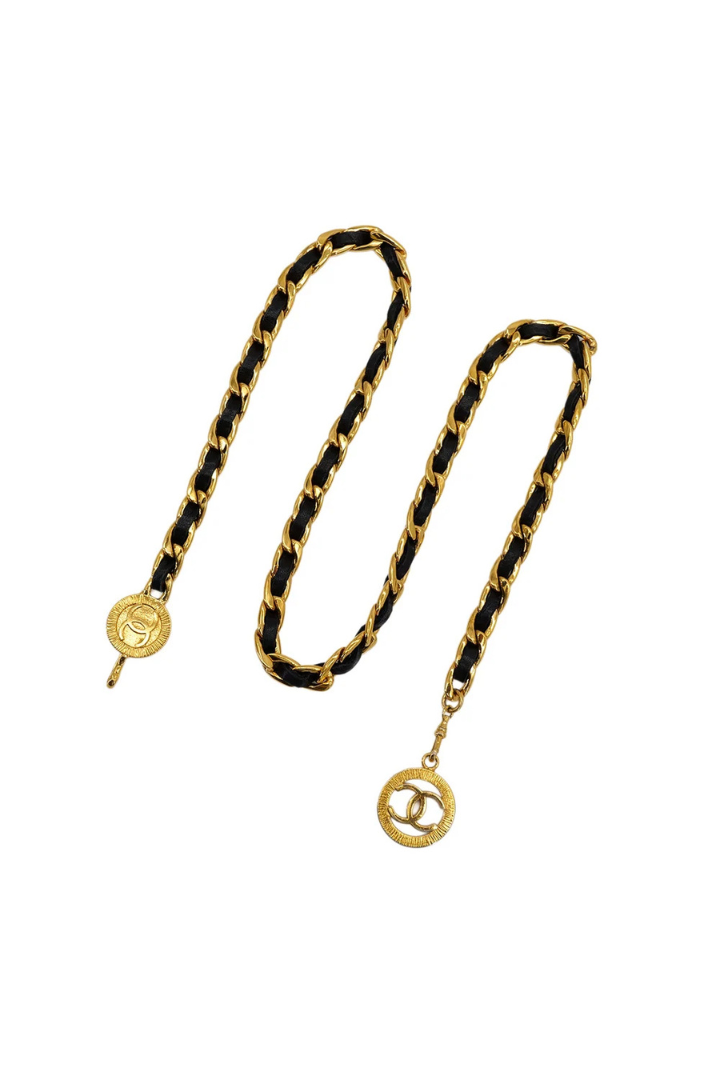 Vintage Chanel Chain Belt COCO Mark Gold Black Leather