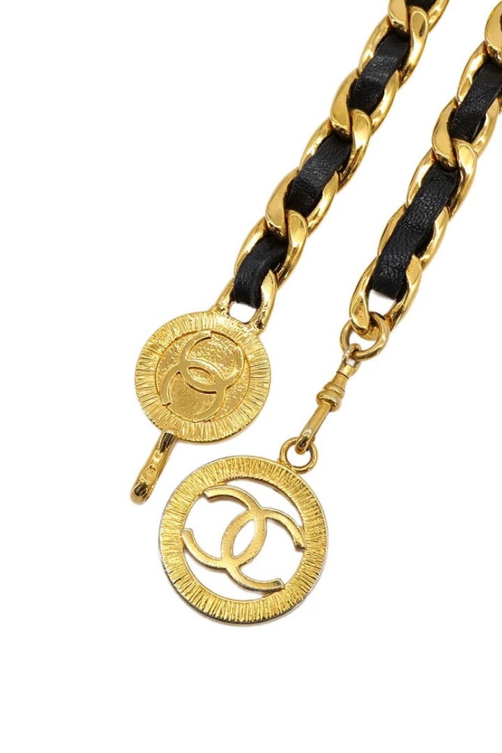 Vintage Chanel Chain Belt COCO Mark Gold Black Leather