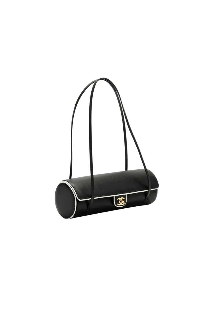 Large Bowling Bag Grained Calfskin, Lambskin & Gold Metal  Black & White