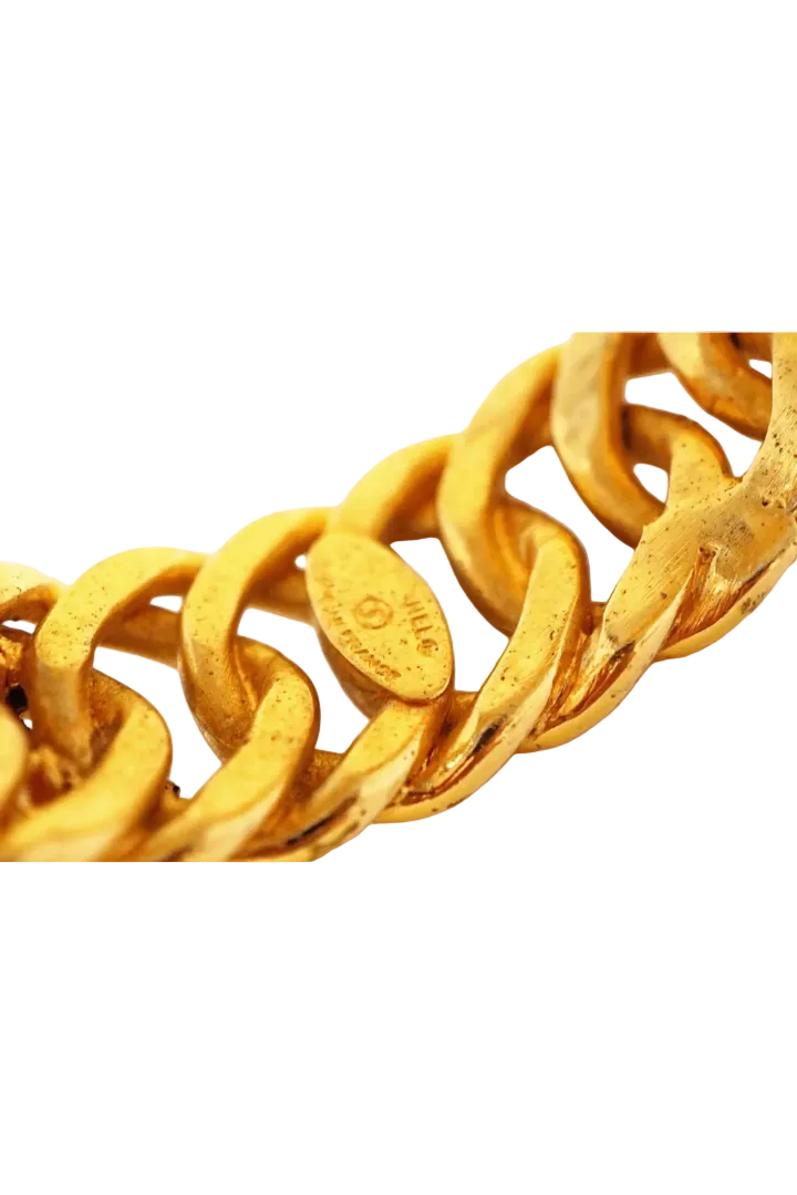 Vintage Chanel Heavy Gilt Curb Chain Bracelet with Three "CC" Logos, Signed