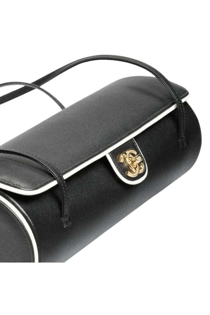 Large Bowling Bag Grained Calfskin, Lambskin & Gold Metal  Black & White