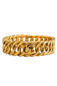 Vintage Chanel Heavy Gilt Curb Chain Bracelet with Three "CC" Logos, Signed