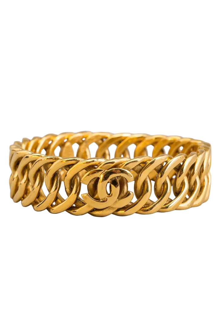 Vintage Chanel Heavy Gilt Curb Chain Bracelet with Three "CC" Logos, Signed