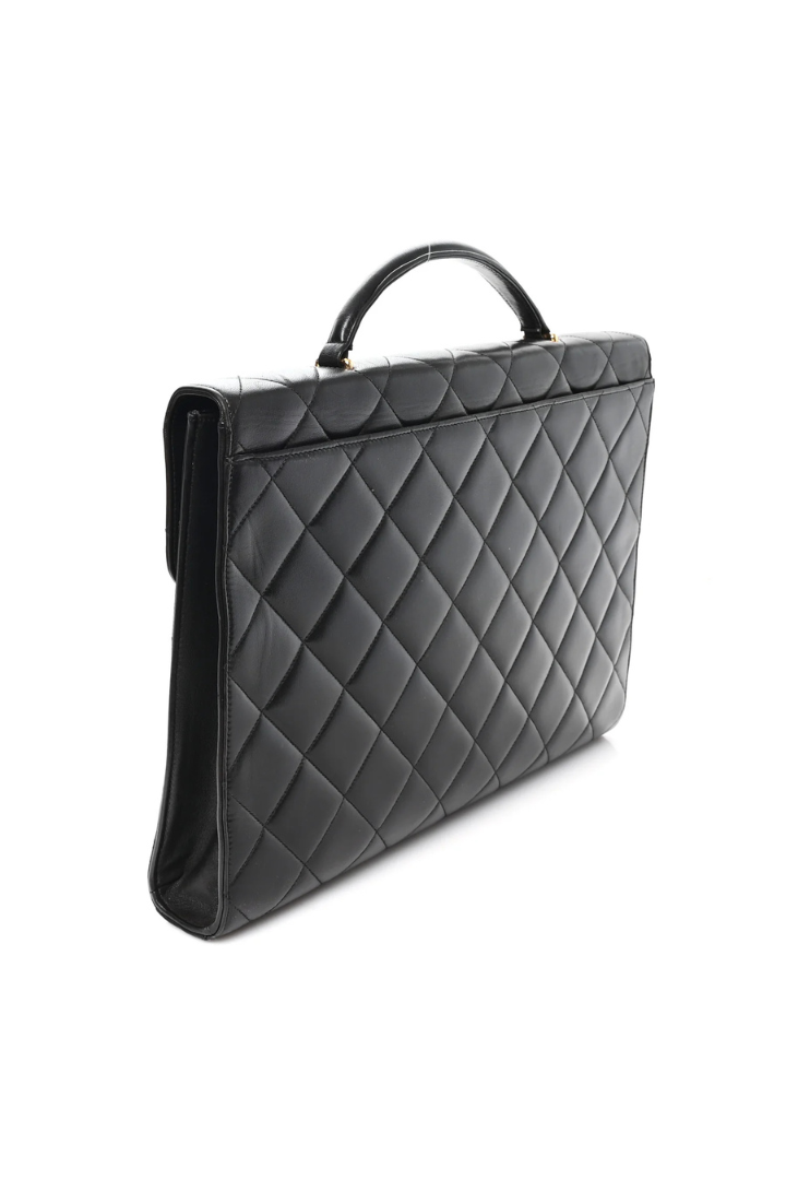 Lambskin Quilted Briefcase Laptop Bag Black