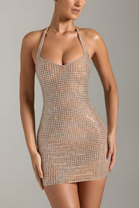 Amolika Embellished Halterneck Mini Dress in Honey